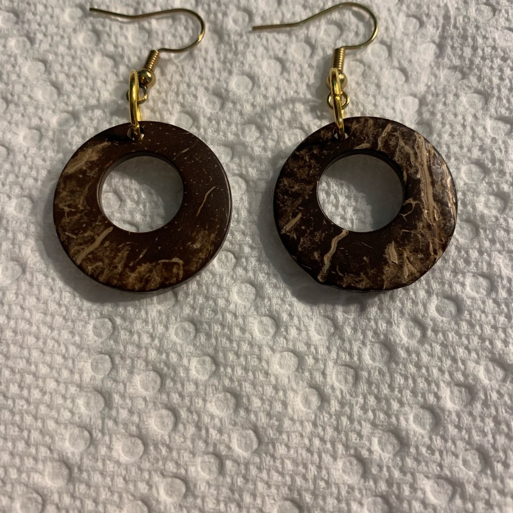 Brown Coconut Shell Circular Earrings